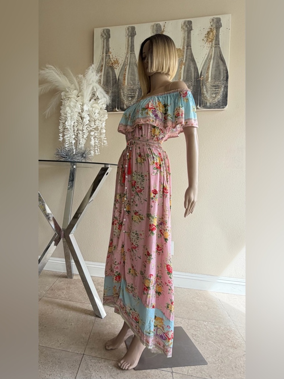 Off-Shoulder Pink Floral Maxi Dress with Blue Trim - Picture 2 of 4